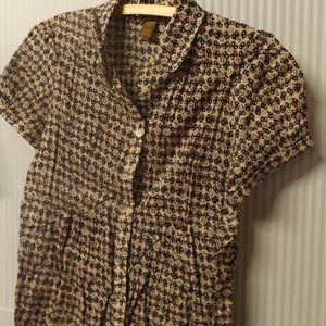 PRINTED BUTTON DOWN BLOUSE, SHEER, SIZE LARGE, COTTON